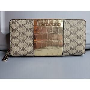 Michael Kors Gray Brown Canvas Leather Trim Snakeskin Zip-Around Wallet SEE